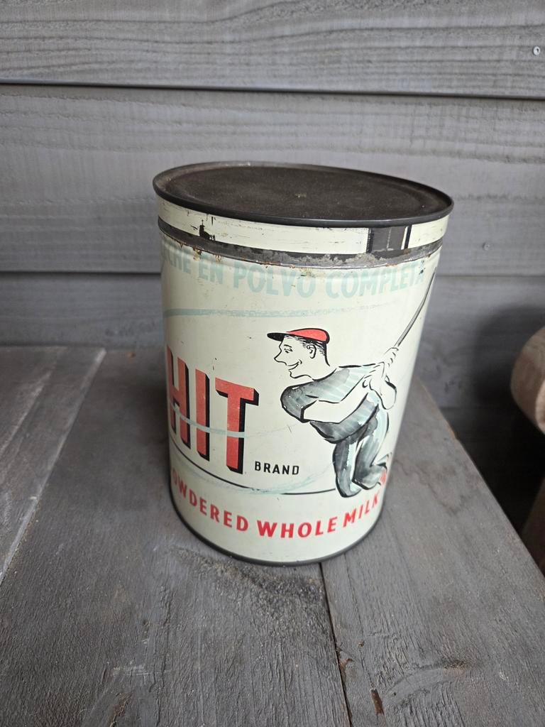 vintage blik melk met honkbal speler, Verzamelen, Blikken, Ophalen of Verzenden, Gebruikt, Overige