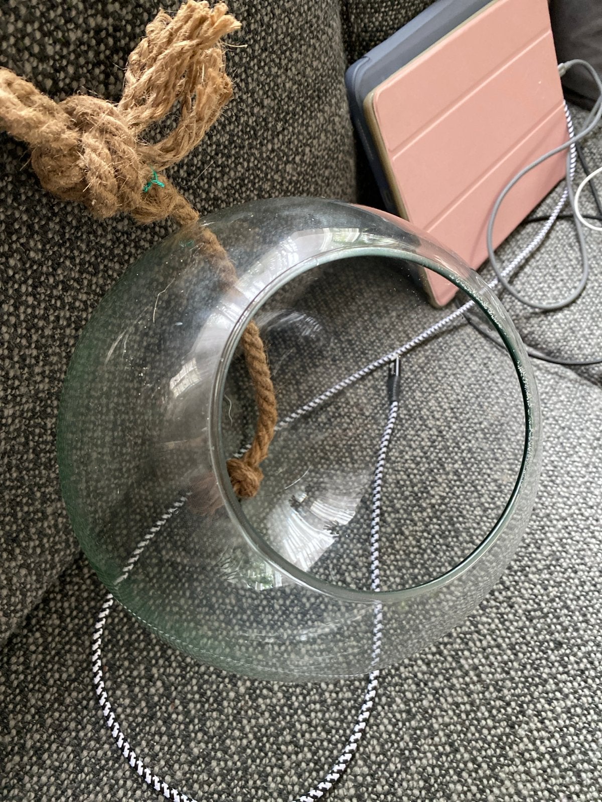 Hangende glazen bol terrarium met touw (20cm), Ophalen, Zo goed als nieuw, Transparant, Glas
