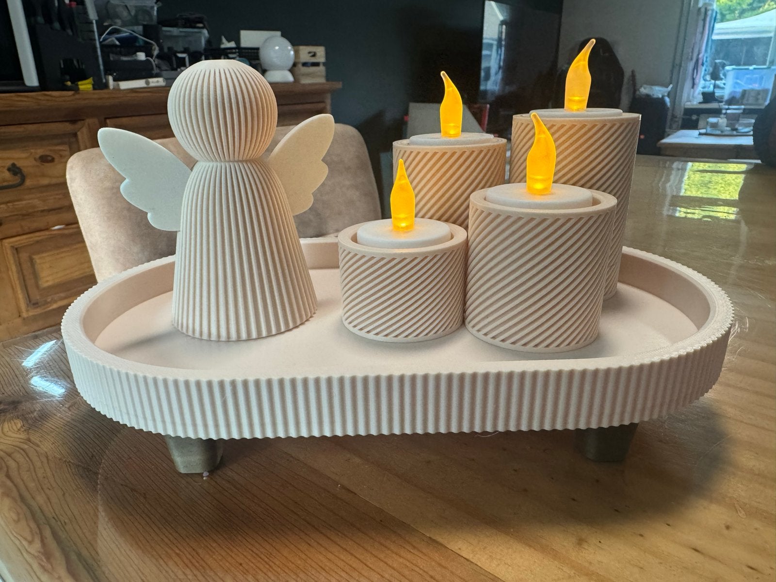 Engel en LED-kaarsen op dienblad 3D geprint, Kunststof, Beige, Overige typen, Ophalen of Verzenden
