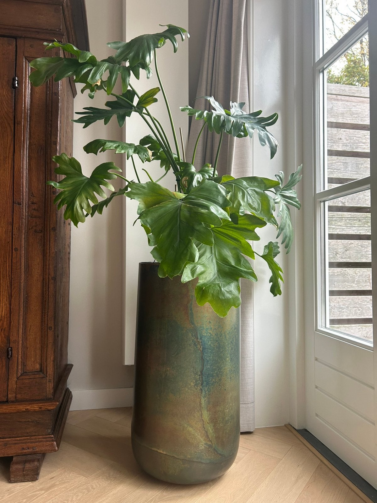 Grote bloempot 70cm met grote Philodendron kamerplant, Rond, Binnen, Zo goed als nieuw, Metaal