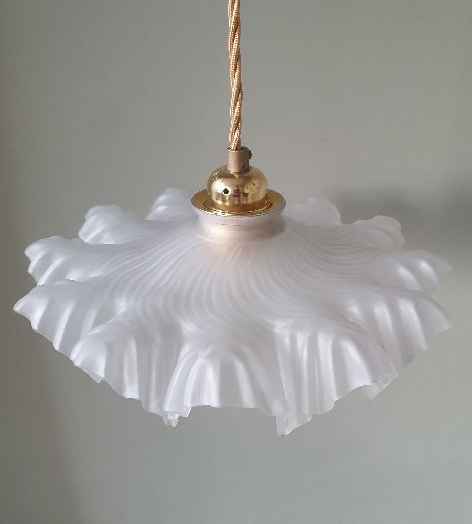 Vintage franse frosted glazen hanglamp. Antiek - Art Nouveau, Zo goed als nieuw, Glas, Antiek, Art Nouveau, Vintage, E27 (groot)