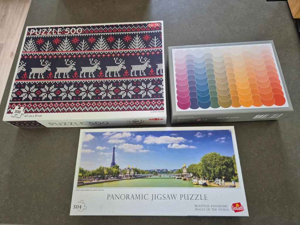 Puzzels a 500 stukjes (3 stuks), Ophalen, 500 t/m 1500 stukjes, Zo goed als nieuw