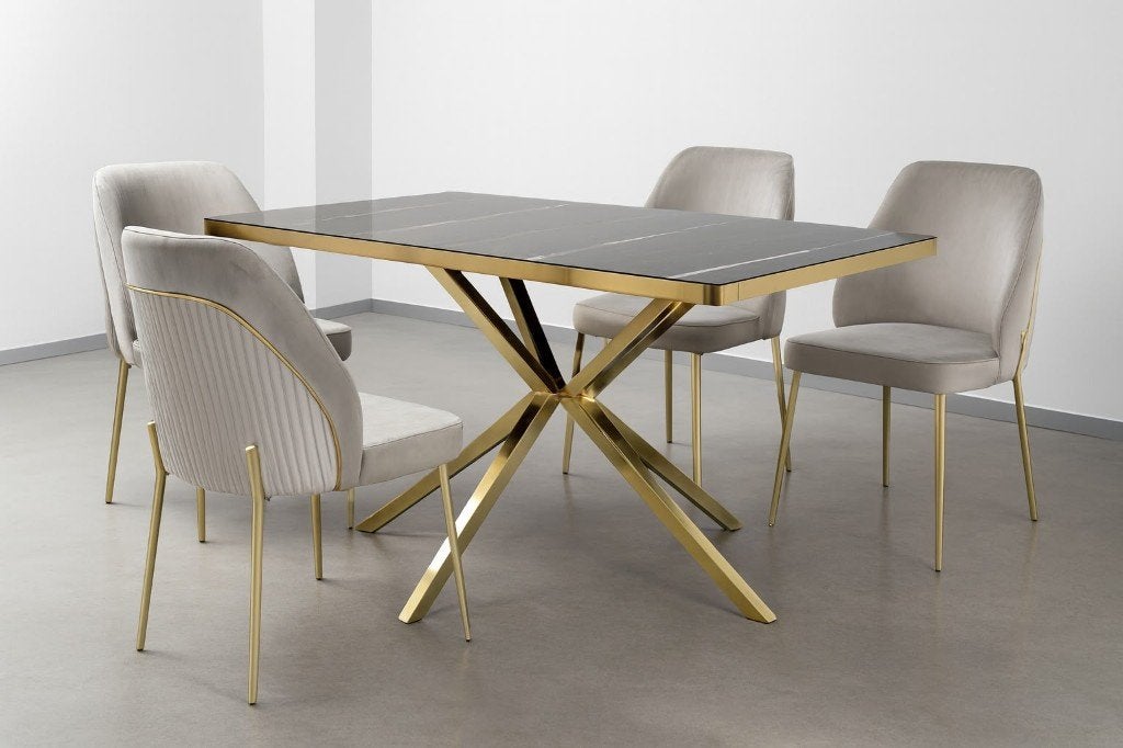 Eettafel 160x90 cm met 4 Stoelen - Marmerlook Goud, Ophalen, Nieuw, Modern, marmerlook met goud, 4 tot 6 stoelen