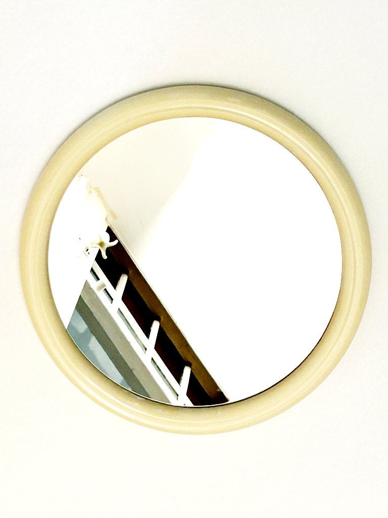 Vintage Space Age Tiger plastic spiegel/crème/ø37cm, Huis en Inrichting, Ophalen, Minder dan 50 cm, Rond, Zo goed als nieuw