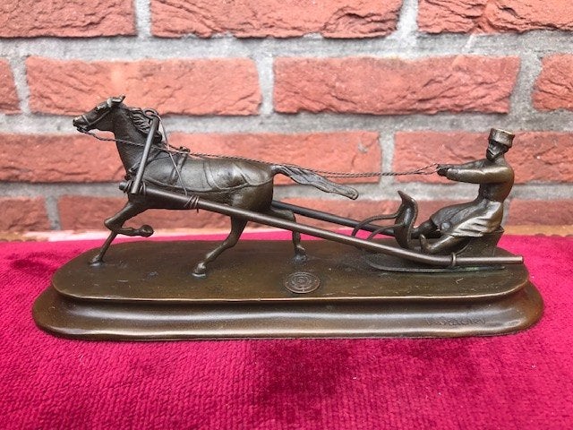 bijzonder bronzen beeld, door de sneeuw met de paardenslee, Ophalen of Verzenden, Brons