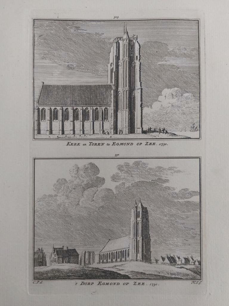 329-330 / Egmond op Zee Kerk en Toren  Kopergravure 1750, Ophalen of Verzenden