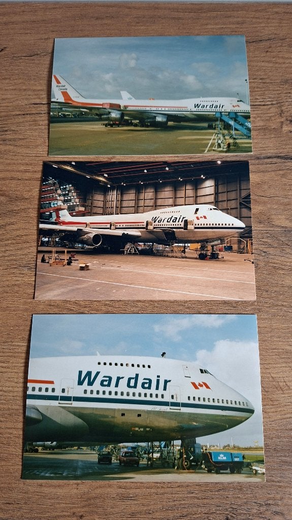 3 originele Wardair Boeing 747 foto's Luchtvaart memorabilia, Ophalen of Verzenden, Zo goed als nieuw, Kaart, Foto of Prent