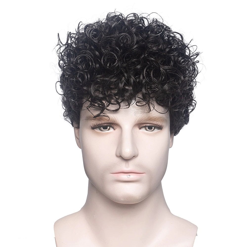 Korte Zwarte Krullen Heren Pruik Haarstuk Haarstukje Mannen, Verzenden, Nieuw, Pruik of Haarverlenging