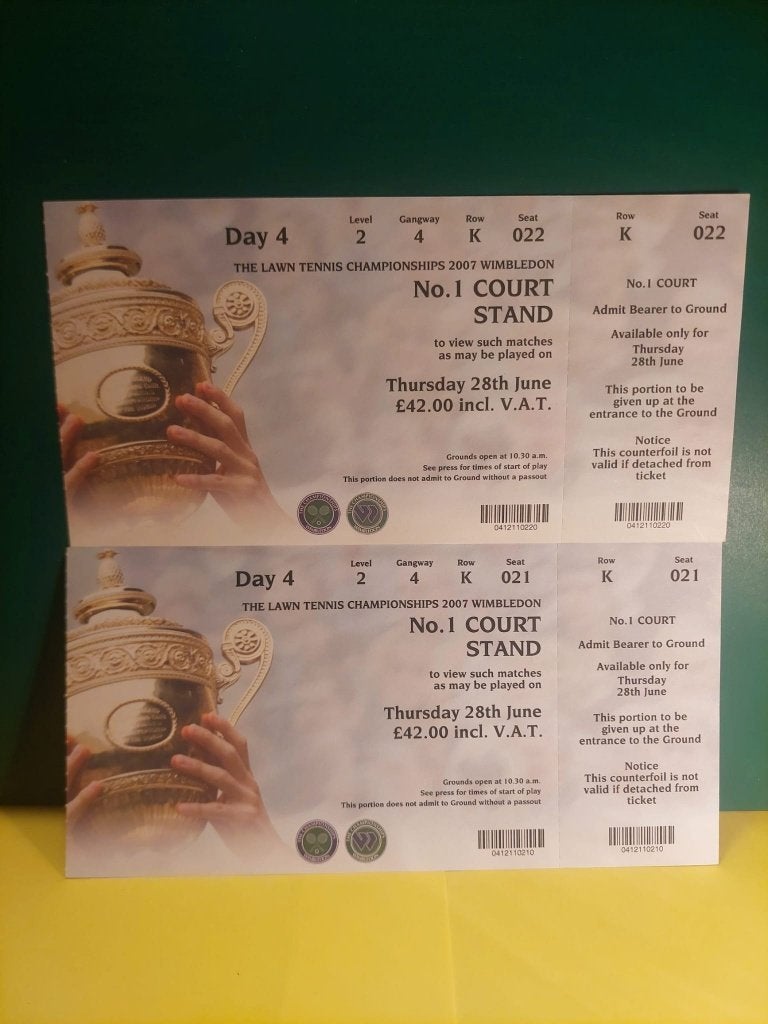 Wimbledon 2007 No.1 Court tickets – ongebruikt **MINT**, Drie personen of meer, Maart