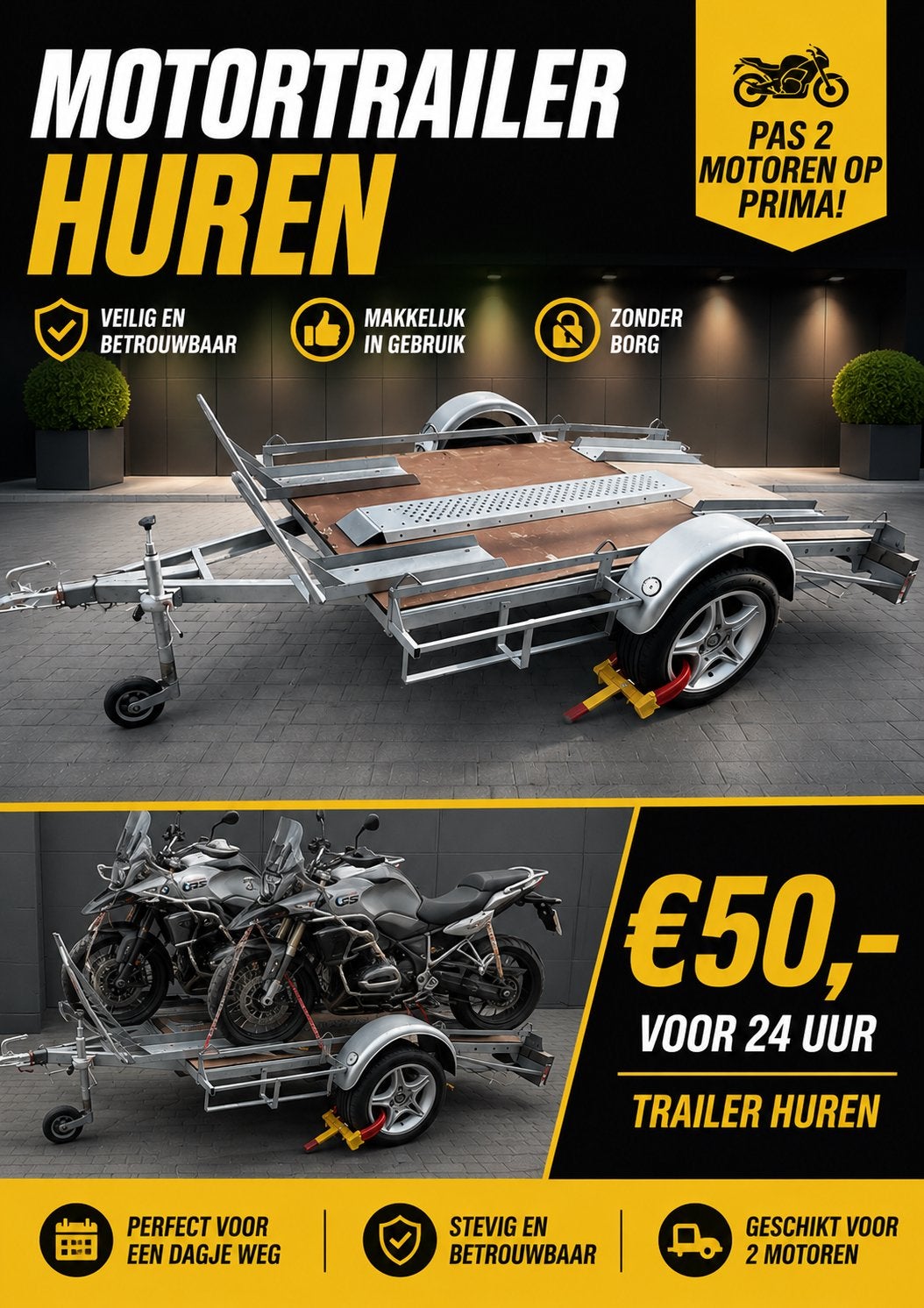 Motortrailer te huur | 2 motoren | €50 per dag | Geen borg |, Diensten en Vakmensen, Verhuur | Auto en Motor