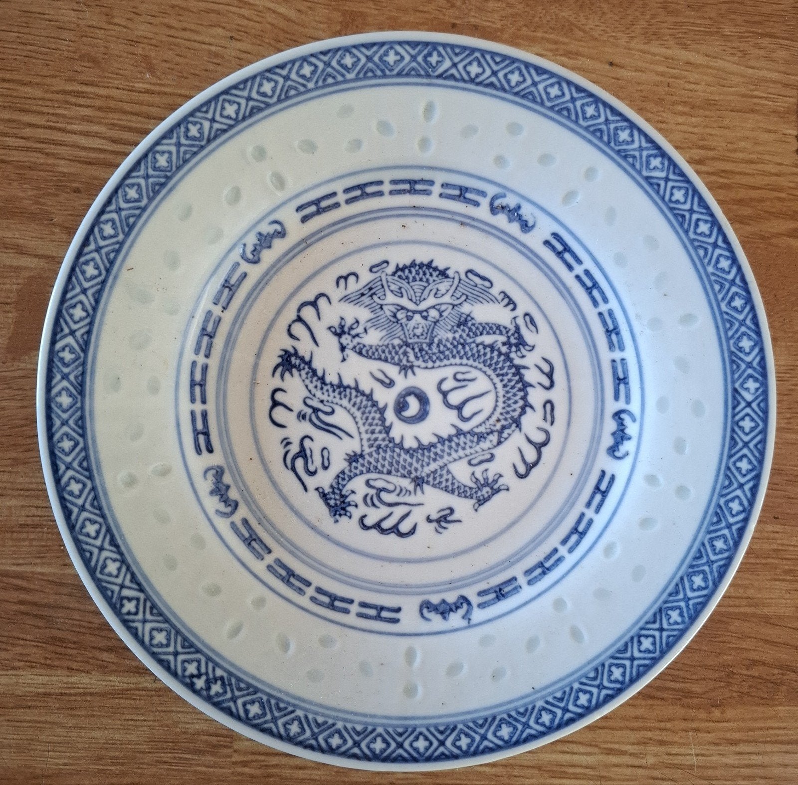 Rijstkorrel porseleinen bord met draak - Made in China, Ophalen of Verzenden