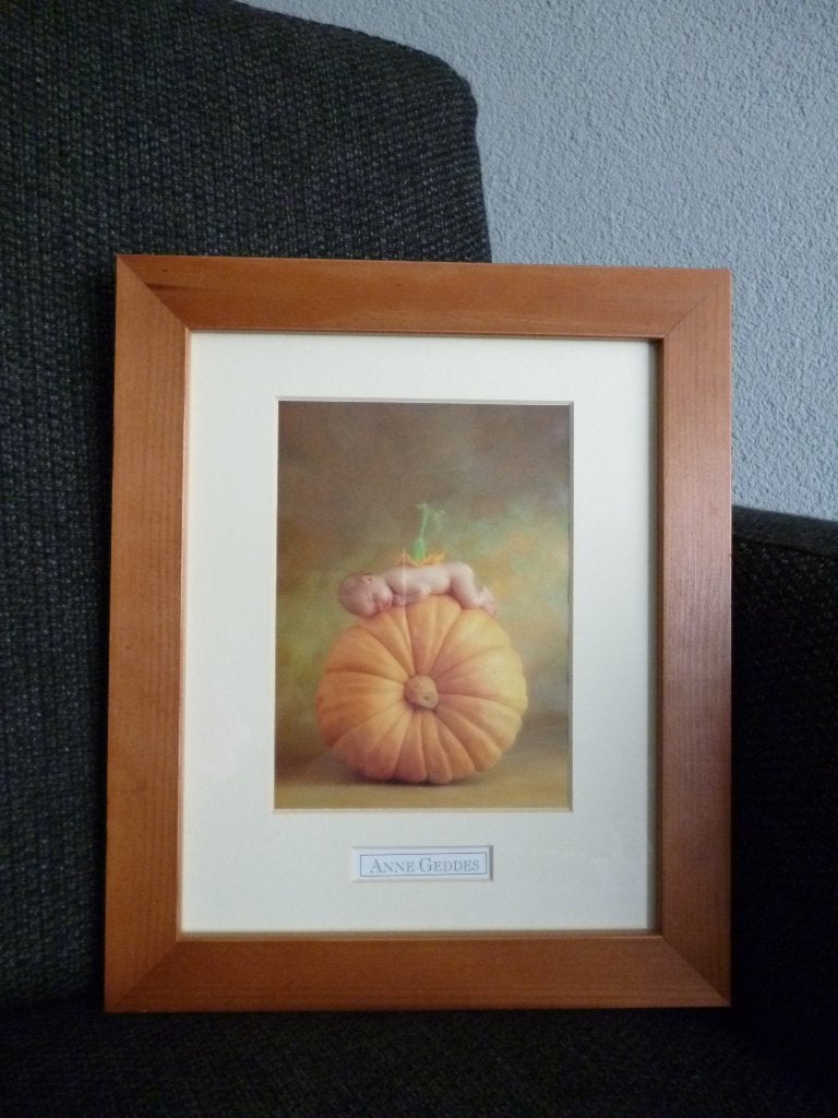 Schilderij ANNE GEDDES - Baby op Pompoen 25x30 cm, Overige merken, Ophalen of Verzenden, Zo goed als nieuw, Wanddecoratie
