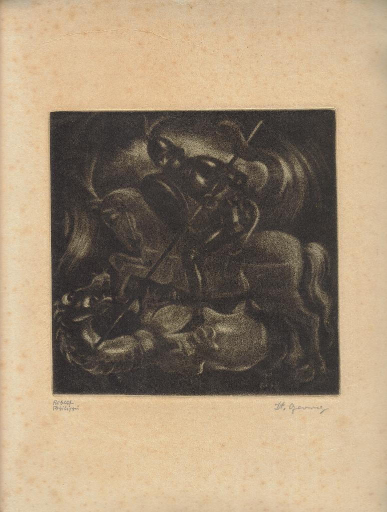 Robert Philippi mezzotint "Ridder die Draak Doodt", Ophalen, Mythologie, Origineel, 1900 - 1949