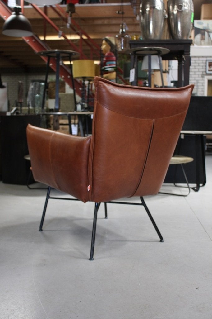 Luxe fauteuil Sanne Jess design metaal leer bruin cognac, Ophalen, 75 tot 100 cm, Zo goed als nieuw, Leer
