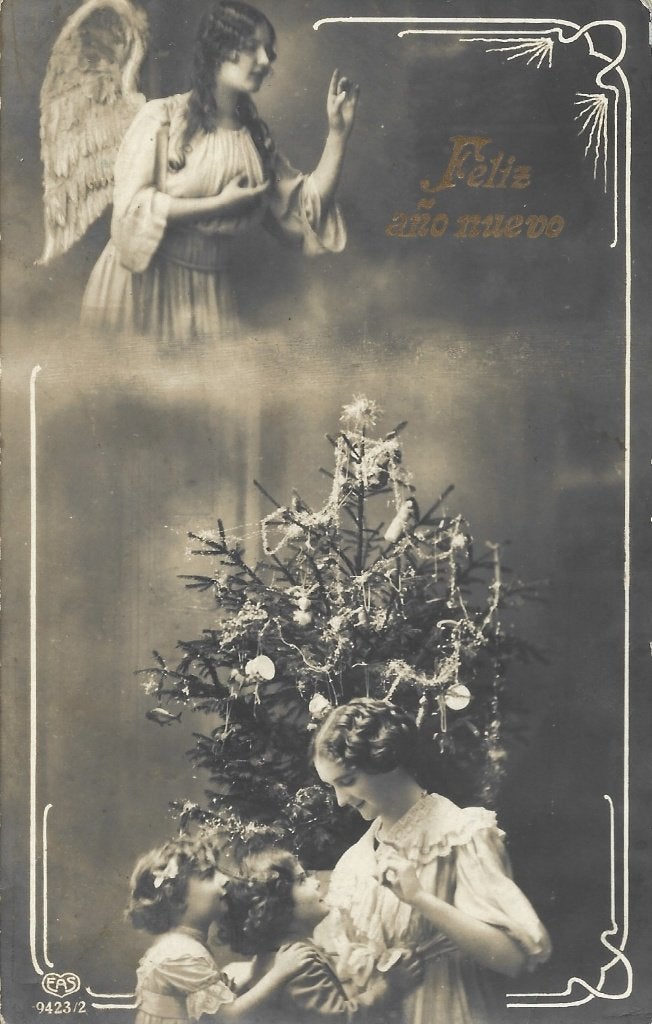 Antiek 1919*Feliz ano nuevo*Spanje*Engel*Versierde Kerstboom, Ophalen of Verzenden, Voor 1920, Gelopen, Feest(dag)