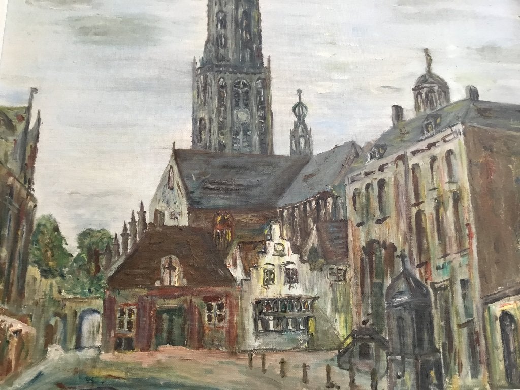 Gezicht op de westertoren Felicien Bobeldijk, Antiek en Kunst, Ingelijst, Doek, Impressionistisch, Ophalen of Verzenden