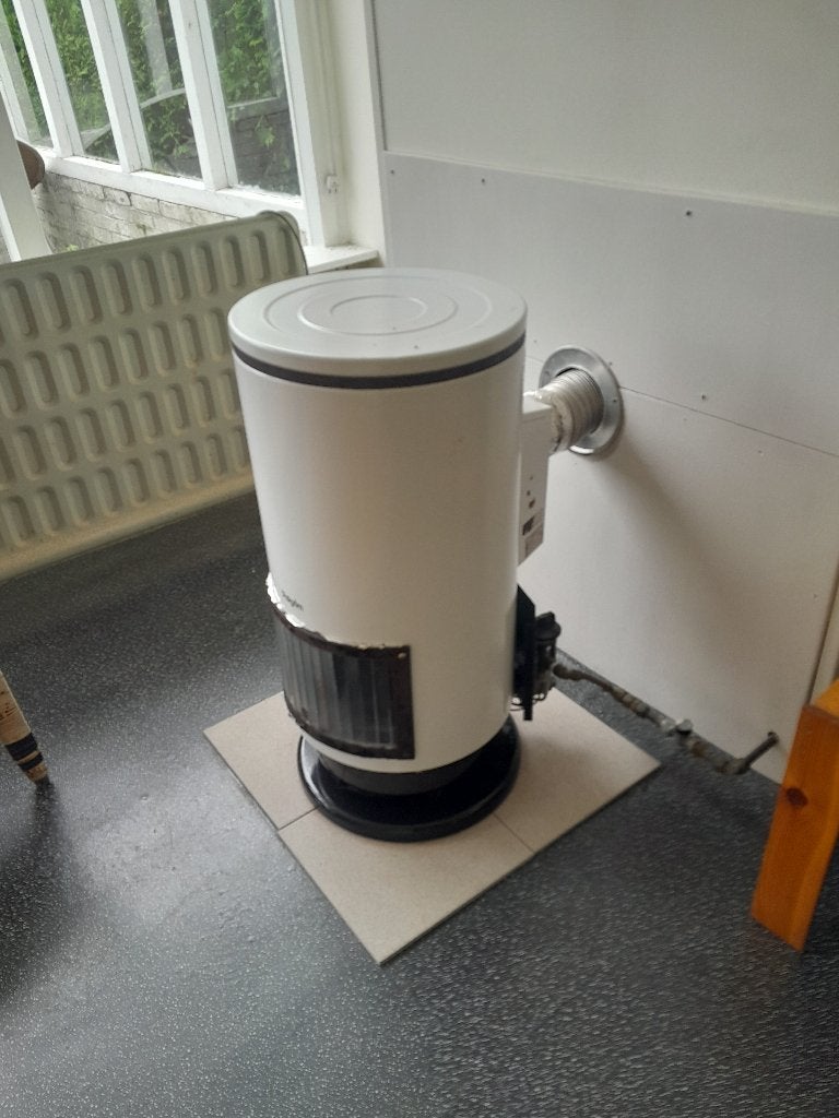 pelgrim bambino wit ronde gaskachel, gevelkachel, Huis en Inrichting, Kachels, Gebruikt, Gas, Ophalen of Verzenden, Vrijstaand