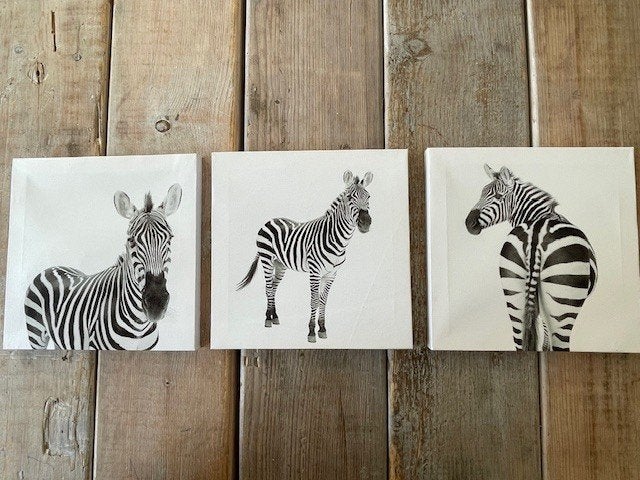 3 x wanddecoratie op linnen. Zwart wit zebra. Hoomstyle., Ophalen, 20 cm, Zwart, Nieuw