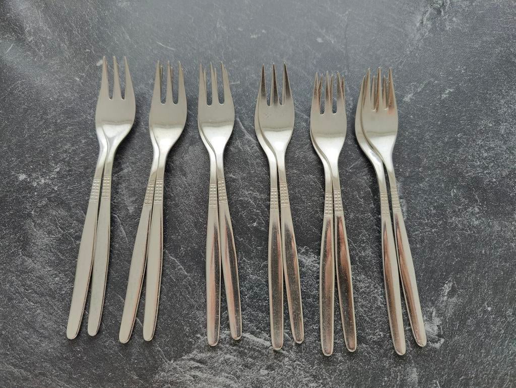 Set van 12 vintage gebaksvorkjes, verzilverd 100, Ophalen of Verzenden