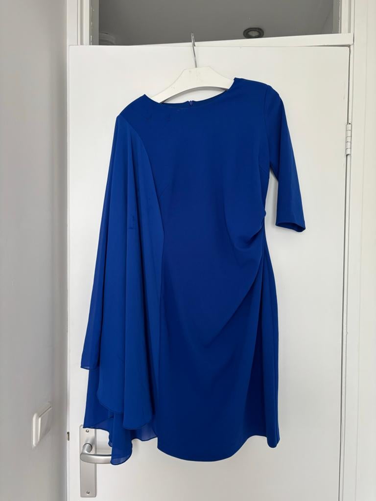 Rinascimento kobaltblauwe jurk met watervalmouw, Blauw, Ophalen of Verzenden, Zo goed als nieuw, Maat 36 (S)