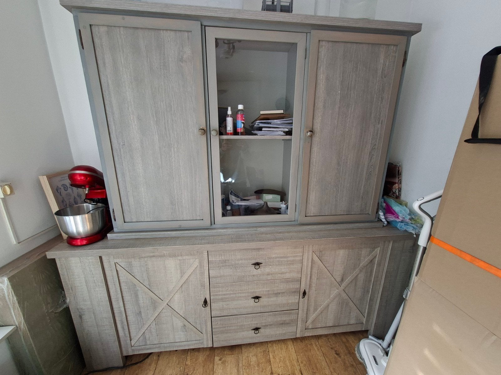 Buffetkast / Dressoir met opzetkast - Grijs houtlook, Ophalen of Verzenden, Gebruikt
