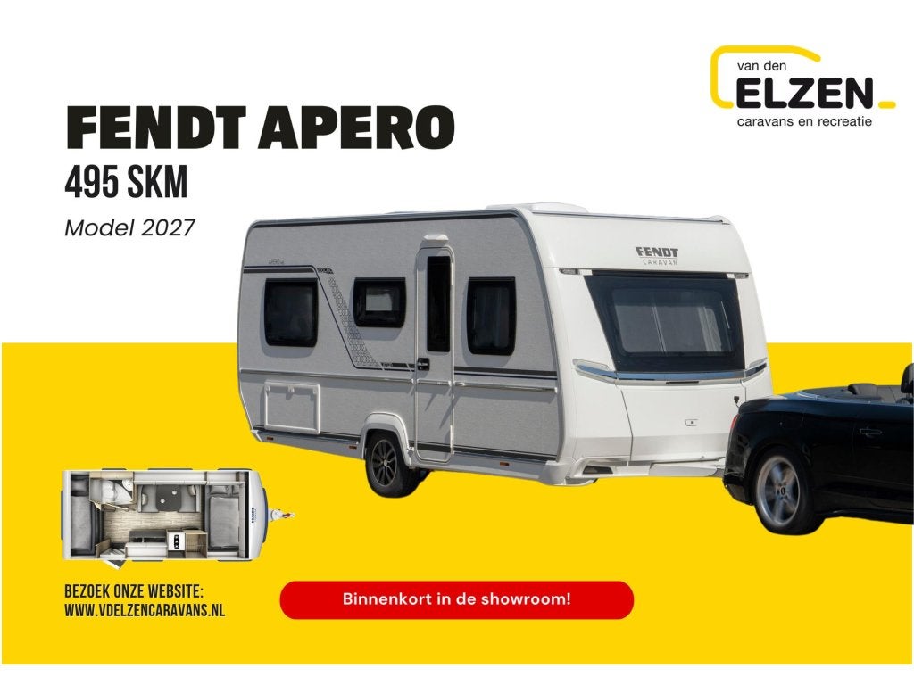 Fendt Apero 495 SKM - Model 2027, Caravans en Kamperen, Serviceluik, Bedrijf, Treinzit, Dwarsbed