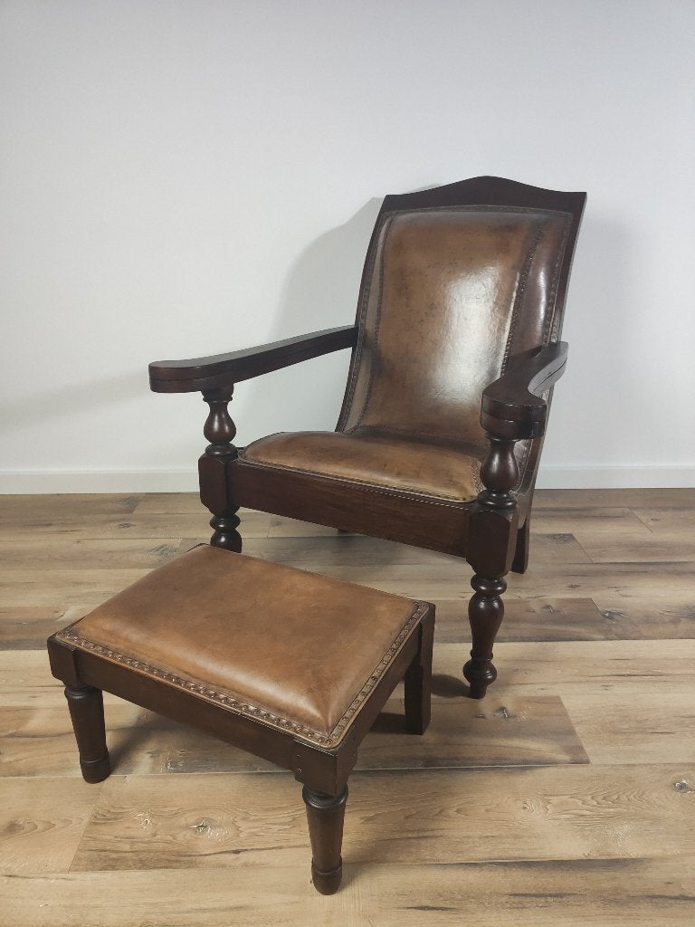 prachtige vintage lederen fauteuil poef, Ophalen of Verzenden
