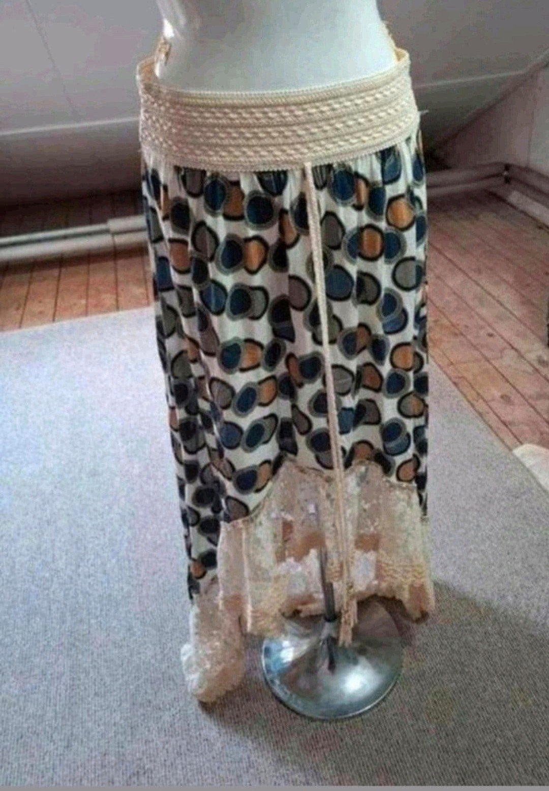 Bohemian Maxi Rok met Retro Stippenprint en Kant - Maat S, Meerkleurig, Ophalen of Verzenden, Maat 36 (S), Gedragen