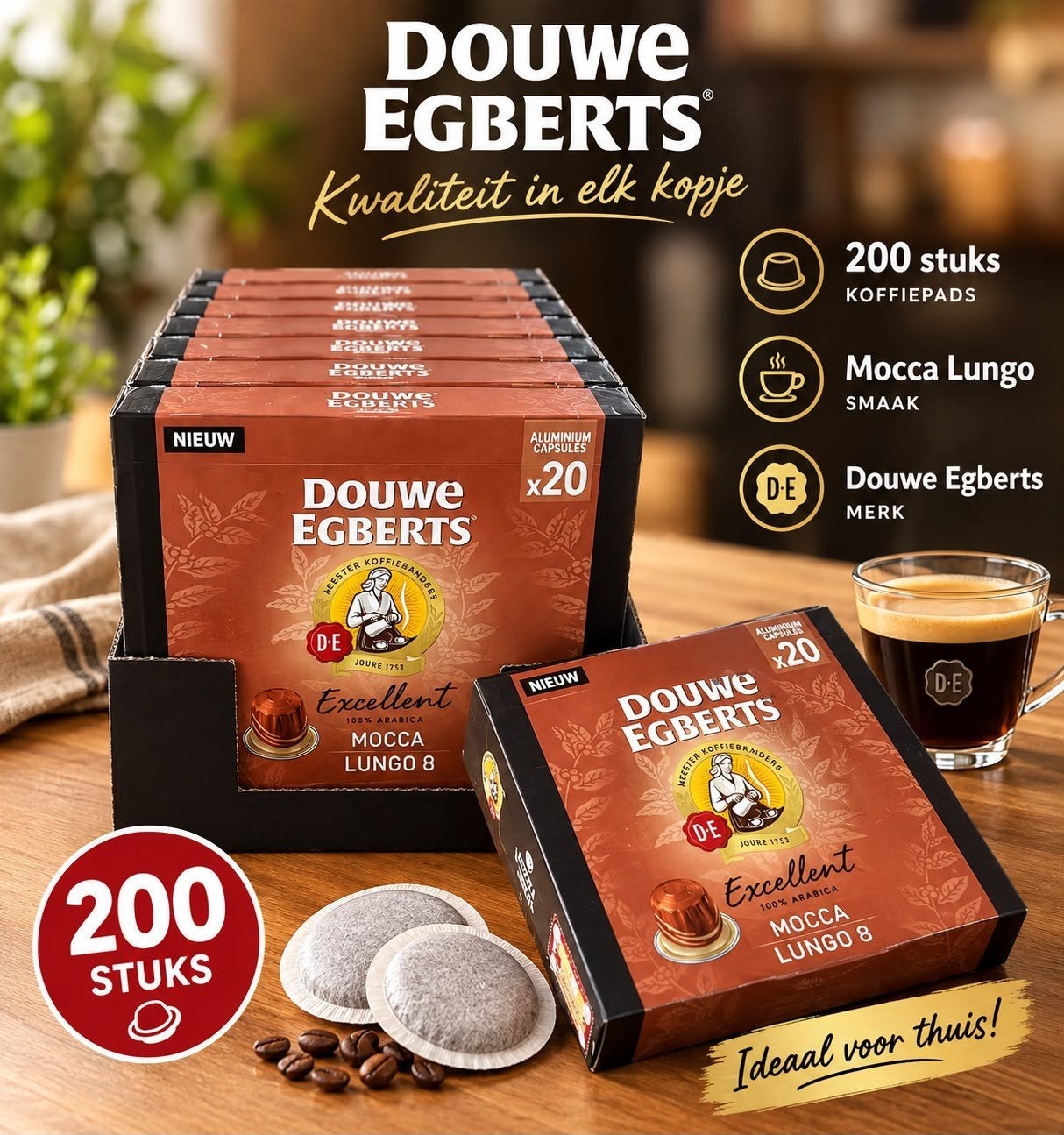 Douwe Egberts Mocca Lungo Koffiepads - 200 stuks, Witgoed en Apparatuur, Koffiepads en cups, 10 kopjes of meer, Ophalen of Verzenden