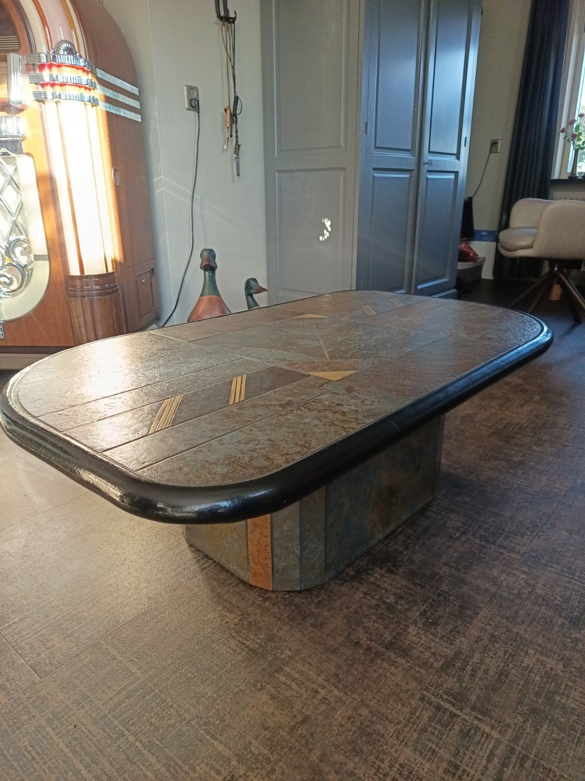 Salontafel met leistenen blad - Gebruikt, Ophalen, Overige materialen, Gebruikt, 100 tot 150 cm