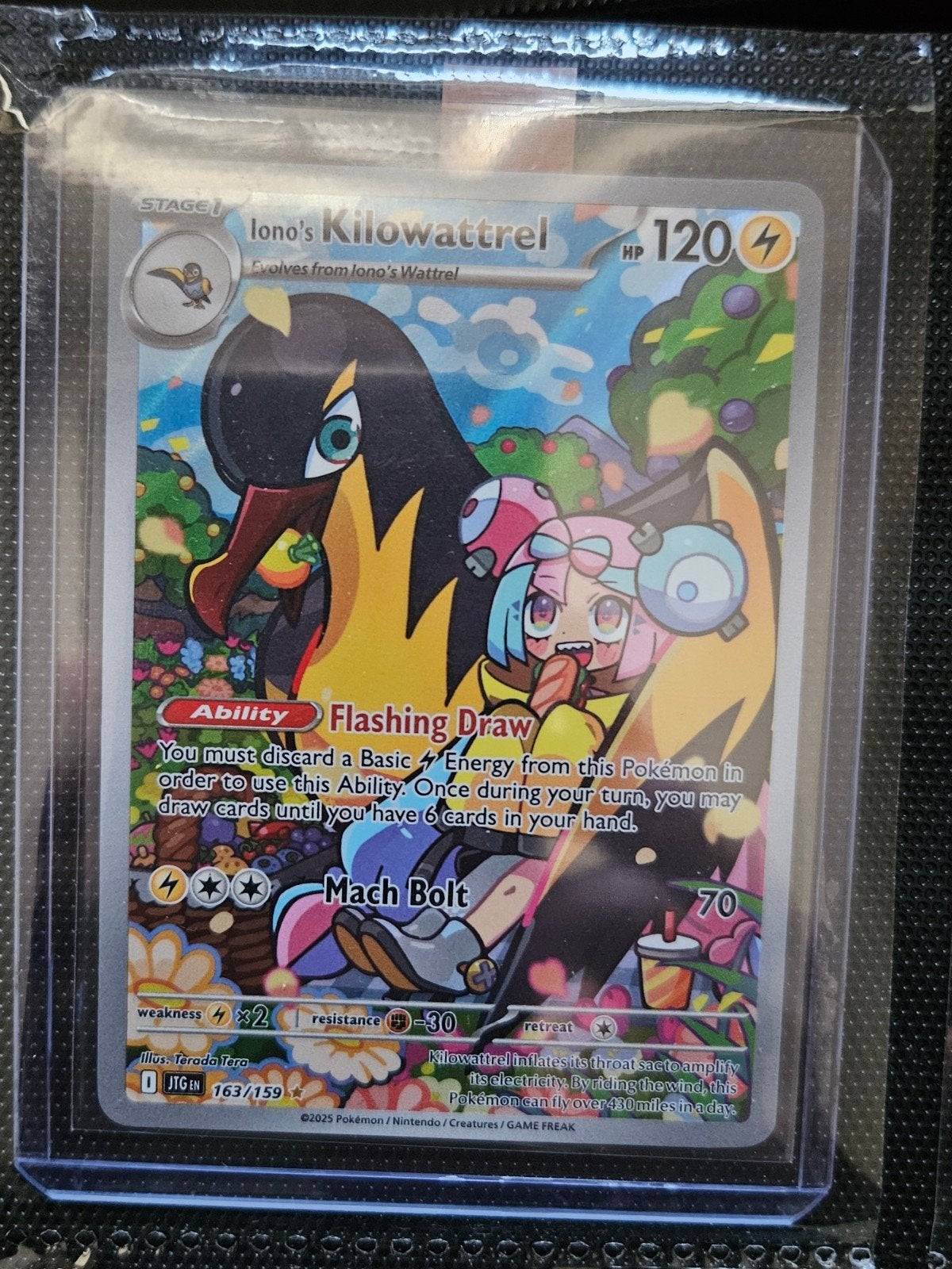 Pokemon Iono's Kilowattrel 163/159 Journey Toghter, Ophalen of Verzenden, Zo goed als nieuw, Losse kaart, Foil