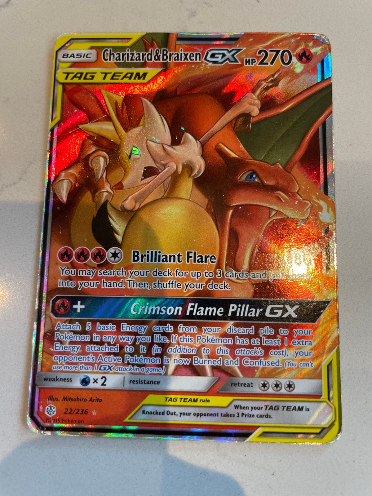Charizard & Braixen GX TAG TEAM Pokémon kaart 22/236, Ophalen of Verzenden, Gebruikt, Losse kaart, Foil