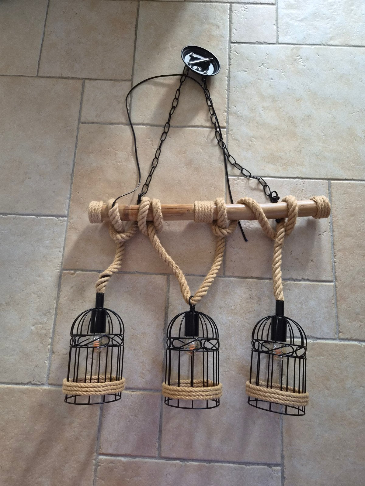 Hanglamp met 3 kooilampen en touwdetails, Ophalen, Gebruikt, Hout, E27 (groot)