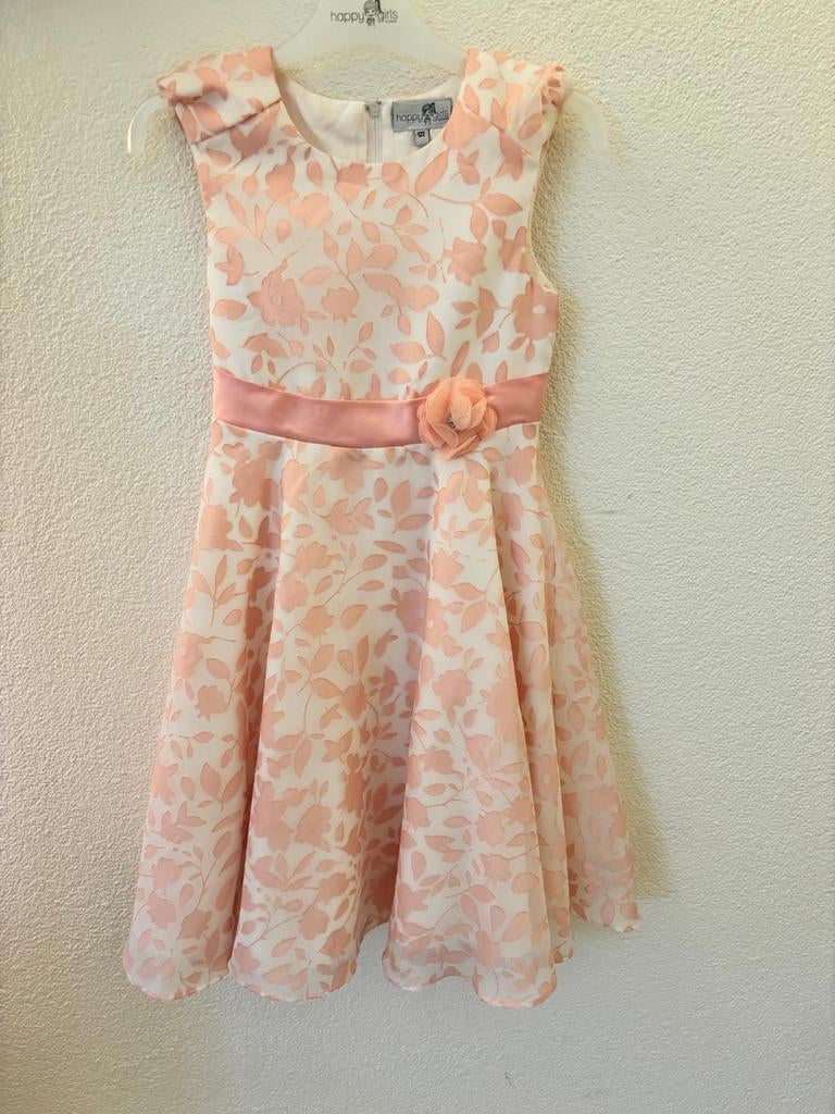 Happy Girls Jurk Roze Apricot Wit Bloemenpatroon Maat 122, Ophalen of Verzenden, Zo goed als nieuw, Meisje, Jurk of Rok