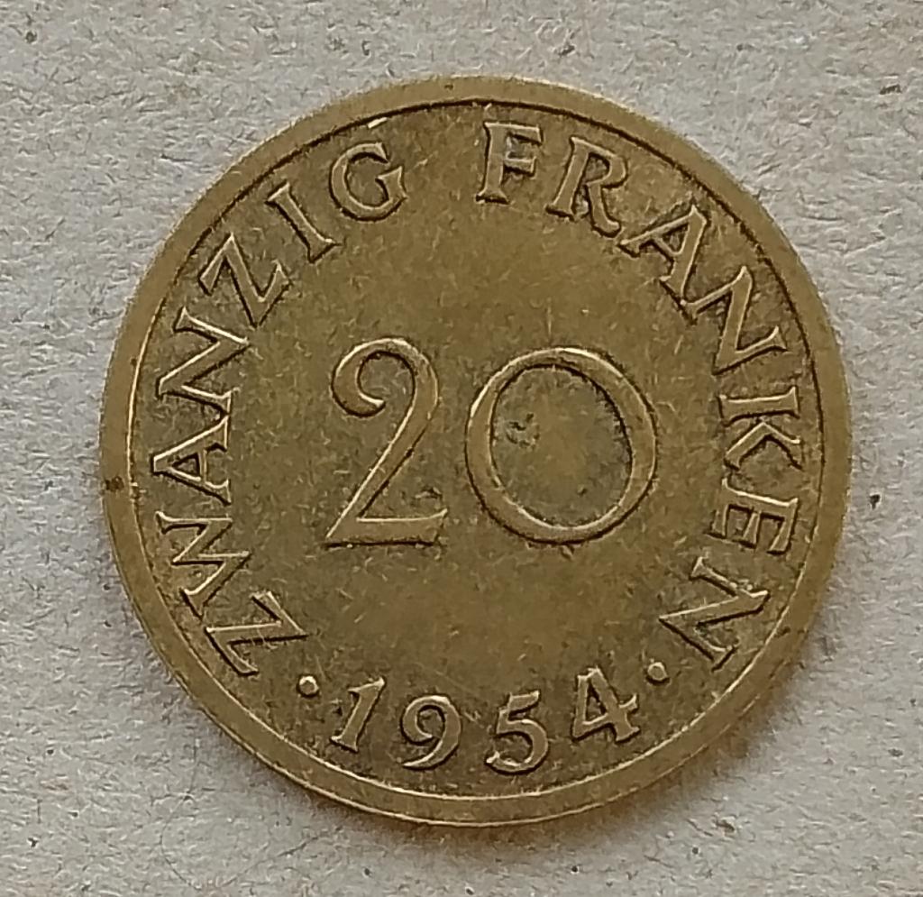 Saarland, 20 franken 1954, Ophalen of Verzenden, Overige landen, Losse munt