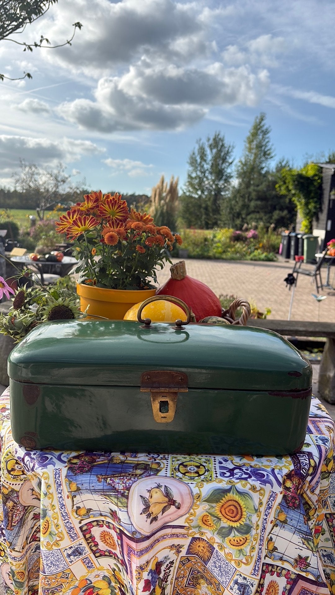 Brocante emaille vintage oud broodtrommel blik groen lief, Ophalen of Verzenden