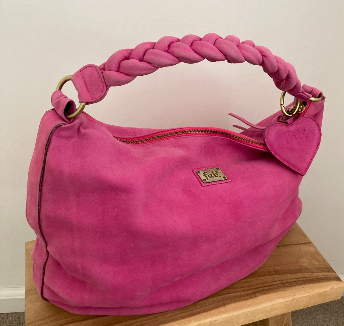 Fab. roze suède schoudertas shopper met gevlochten hengsel, Verzenden, Gebruikt, Roze, Handtas