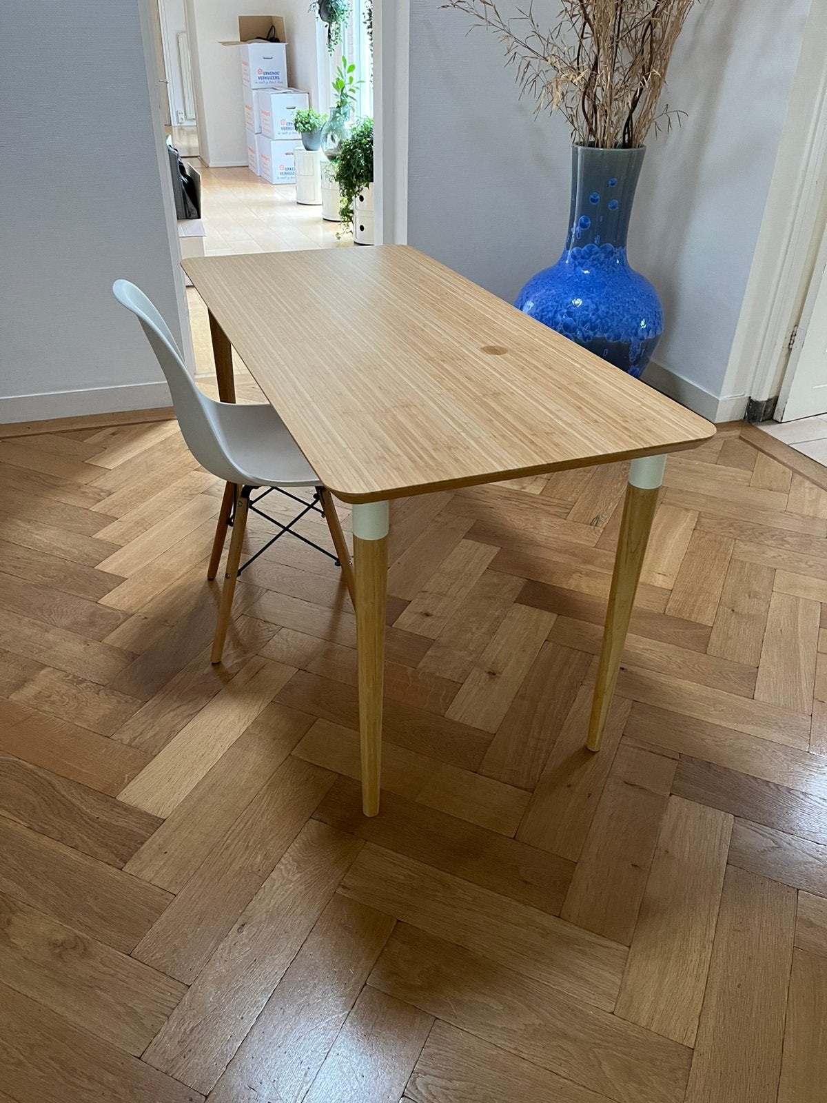 IKEA ANFALLARE/HILVER bamboe bureau 140x65 cm + stoel, Ophalen, Demontabel, Gebruikt, Scandinavisch