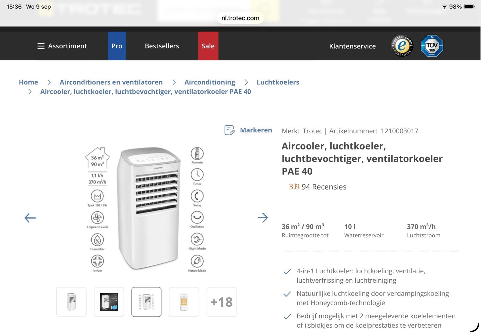 Trotec PAE 40 Aircooler, Luchtkoeler, Luchtbevochtiger, Ophalen, Koelen en Ontvochtigen, 3 snelheden of meer, Zo goed als nieuw
