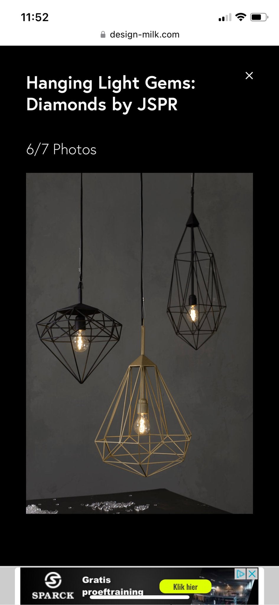 3 JSPR Diamonds Hanglampen - Mat Goud, Ophalen, Gebruikt, Metaal