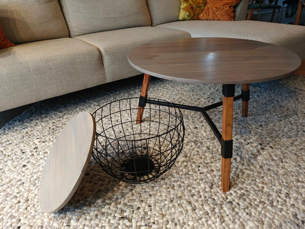 Set van 2 salontafels: rond hout en draadmand, Gebruikt, 50 tot 100 cm, Rond, 50 tot 100 cm