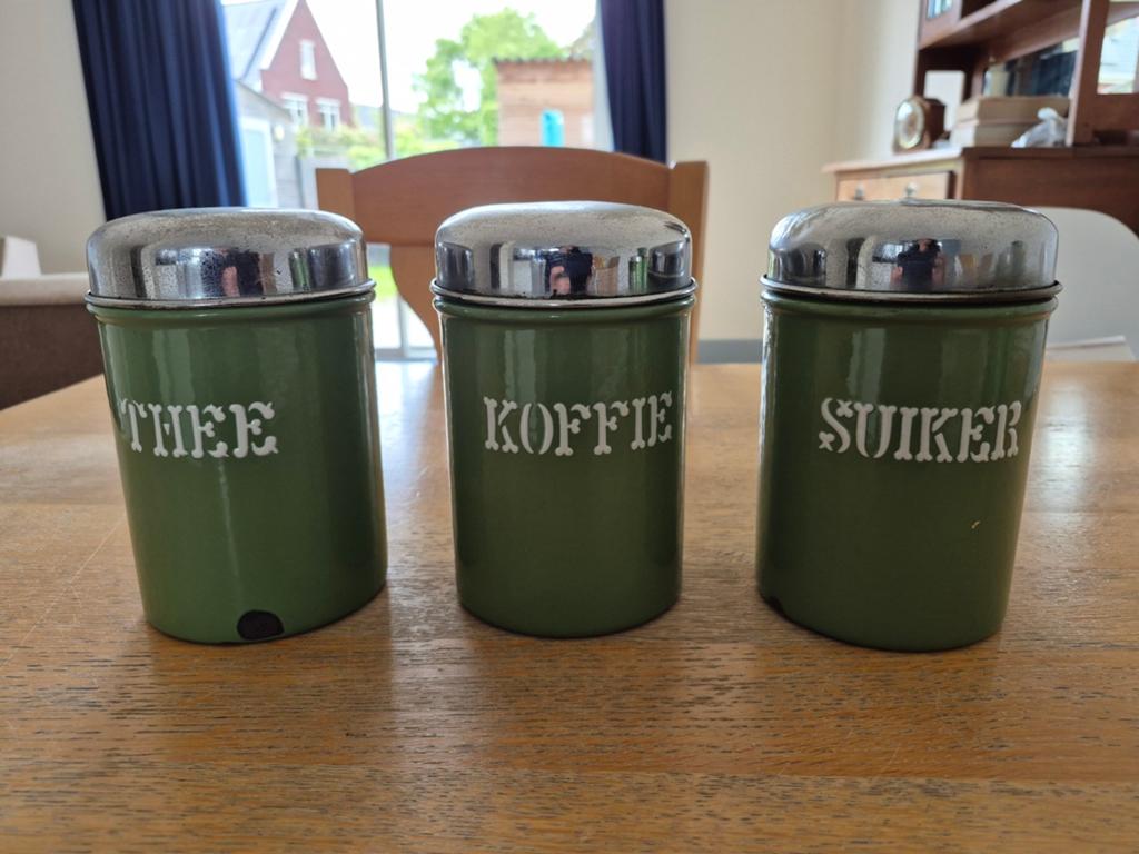 Vintage voorraadblikken: Thee, Koffie, Suiker (groen), Ophalen of Verzenden