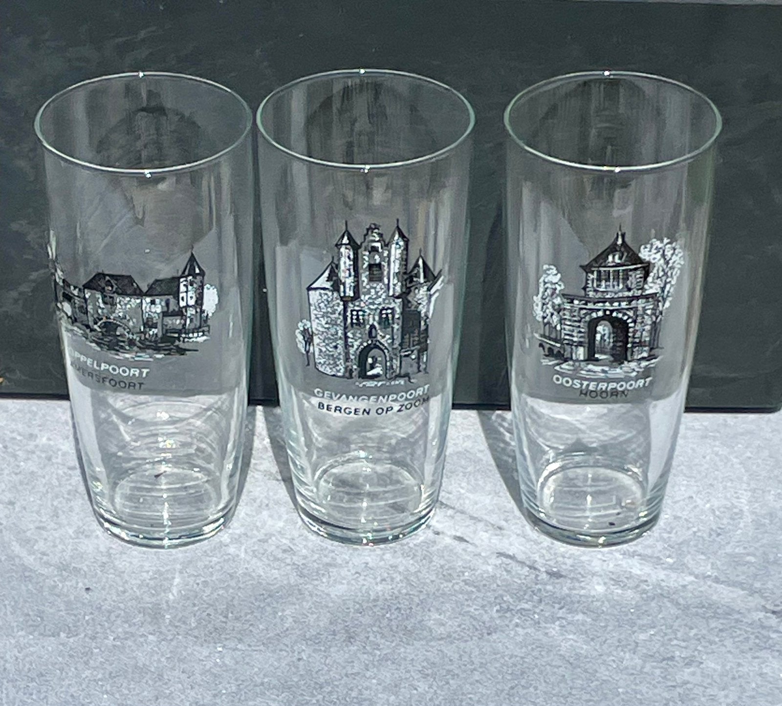 Set van 3 vintage glazen met stadspoorten, Antiek en Kunst, Ophalen of Verzenden