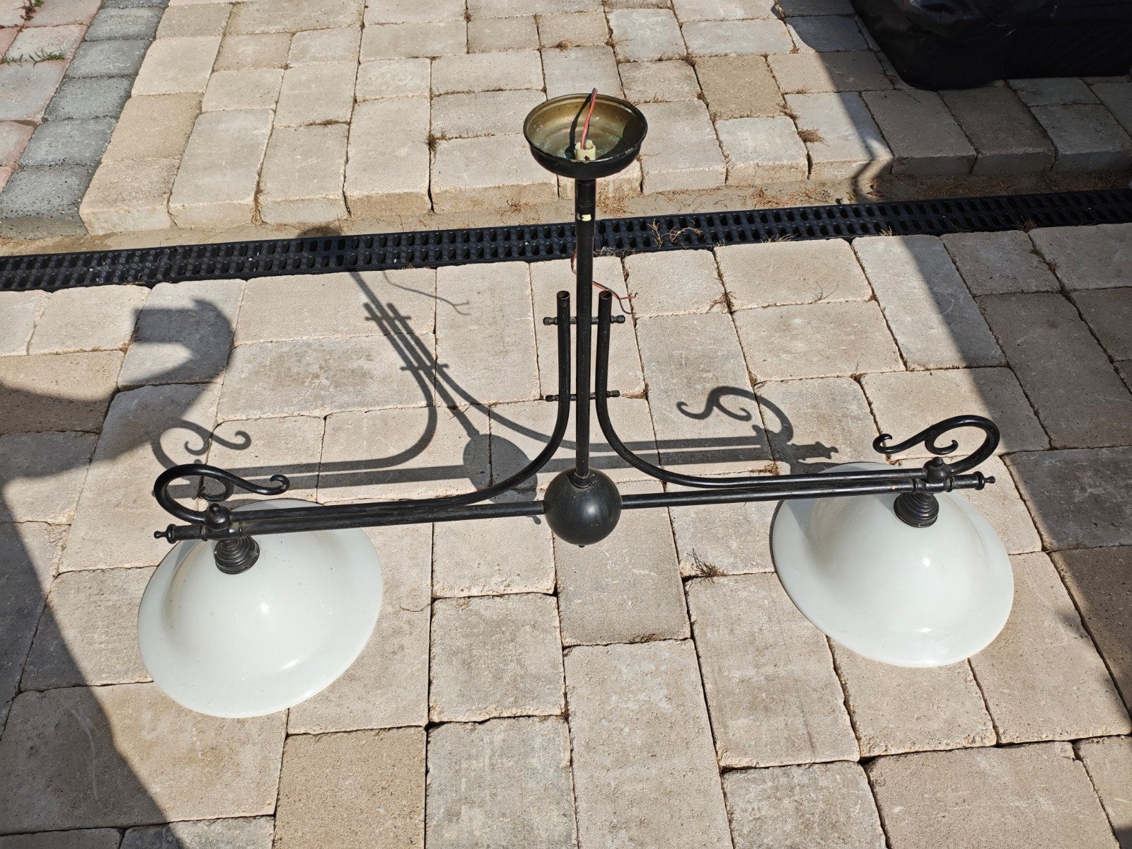 Vintage hanglamp met 2 kappen - metaal en glas, Ophalen, Gebruikt, Vintage, Klassiek, E27 (groot)
