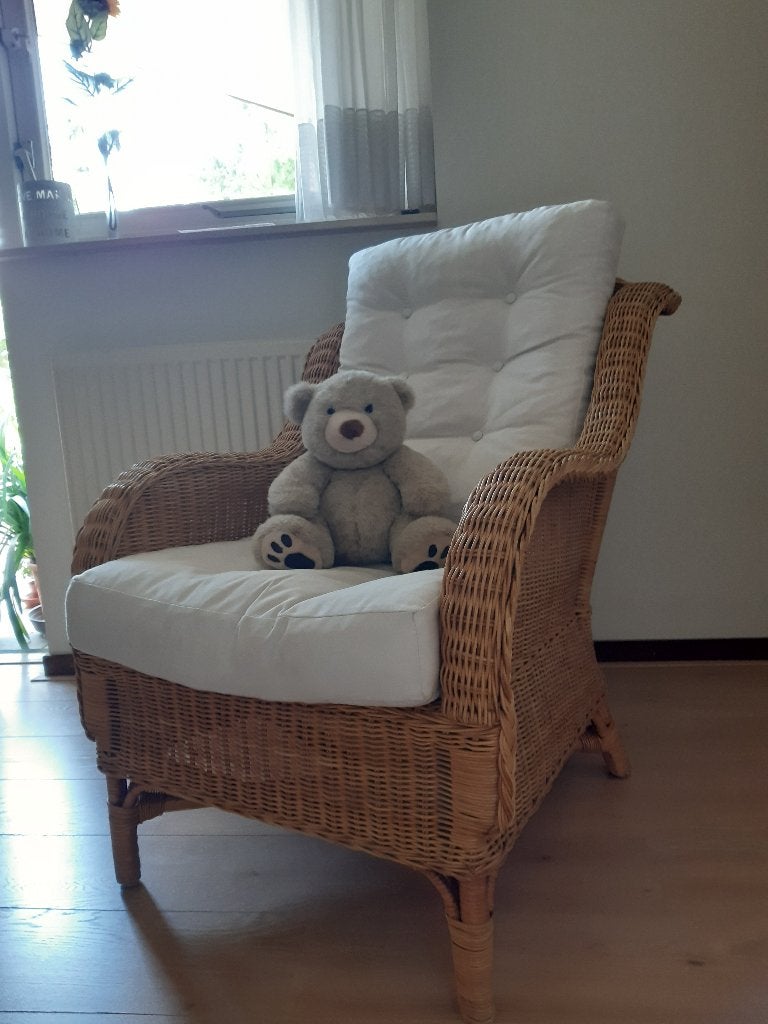 uitstekende rotan fauteuil, stoel met kussens, prijspakker, Ophalen, Landelijk rotan aziatisch relaxed, 75 tot 100 cm, Zo goed als nieuw