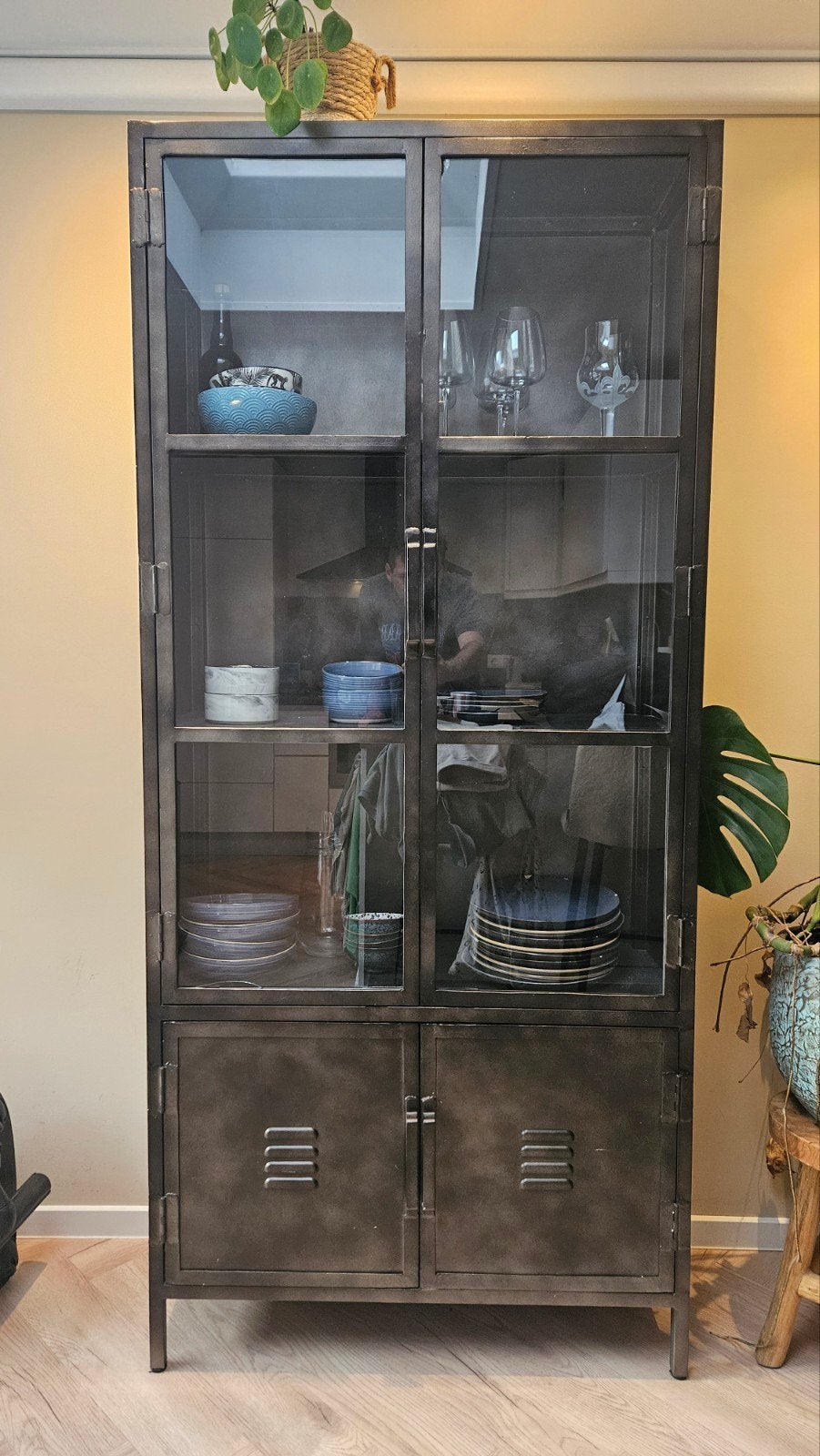 Industriële stalen vitrinekast zwart 200x90x36, Ophalen, 200 cm of meer, 50 tot 100 cm, Glas