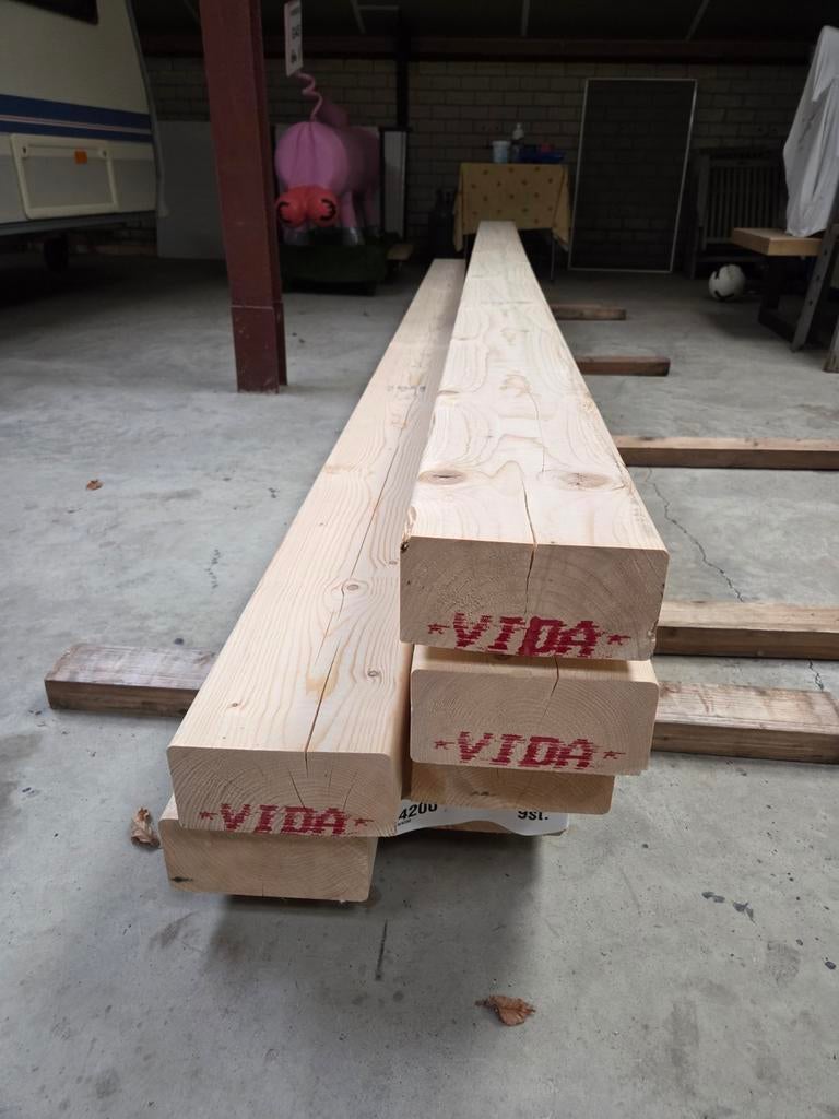 Geschaafde gordingen 100x200 96x196mm, 4200mm lang (6 stuks), Doe-het-zelf en Verbouw, Hout en Planken, Ophalen, Gebruikt, Balk