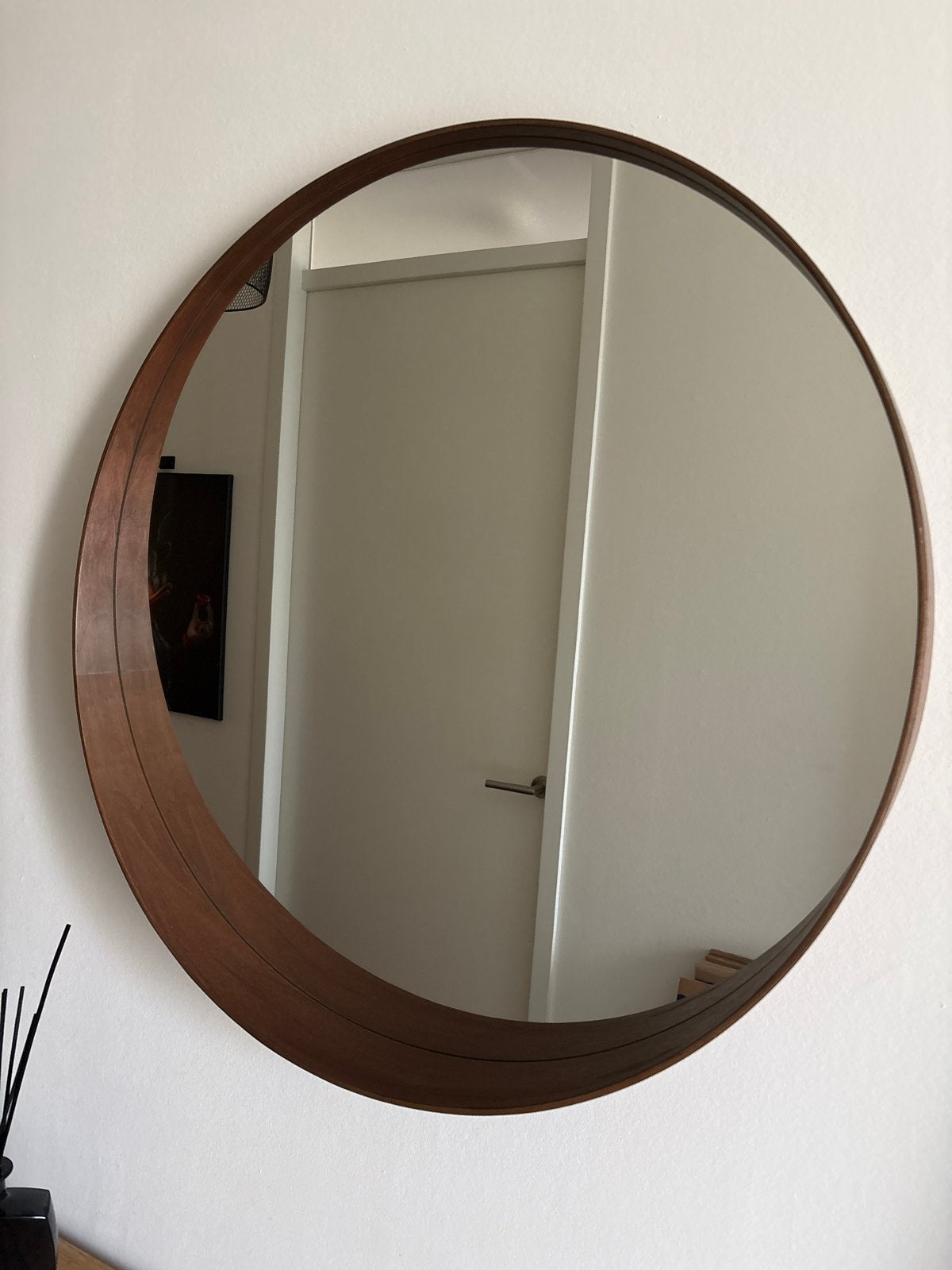 Ronde spiegel met houten frame, Ophalen, Rond, Zo goed als nieuw, Minder dan 100 cm
