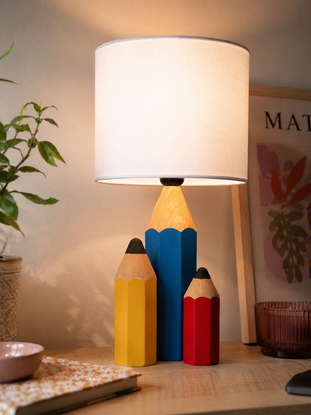 Vintage potlood lamp met 3 potloden, Overige merken, Meerkleurig, Zo goed als nieuw, Hout