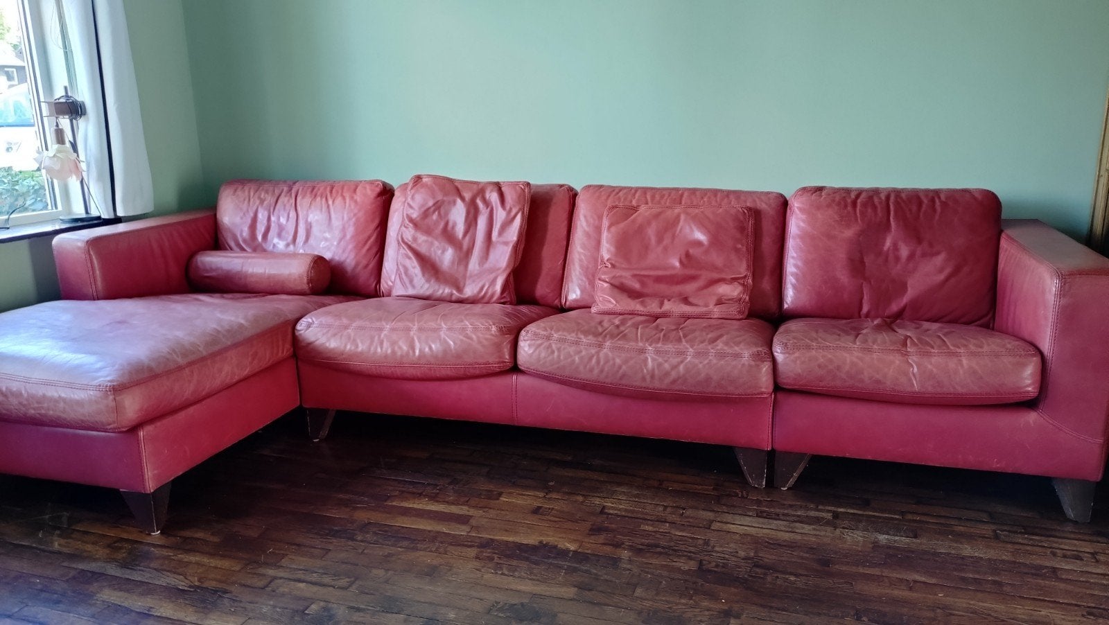 Leren hoekbank met chaise longue - rood, Huis en Inrichting, Gebruikt, Klassiek, Comfortabel, 300 cm of meer, Leer